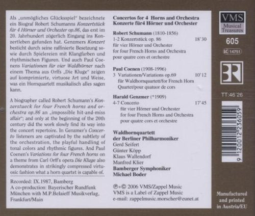 Concertos for Horn Quartet (SCHUMANN/COENEN/GENZMER) - Bamberger Symphony, French Horn Quartet of the Berliner Philharmoniker