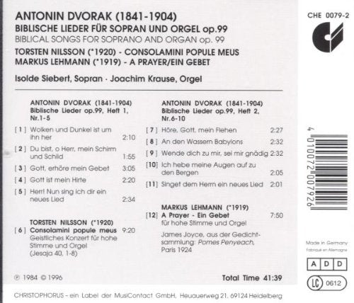 DVORAK: BIBLICAL LIEDER, OP. 99 FOR SOPRANO & ORGAN - ISOLDE SIEBERT, JOACHIM KRAUSE