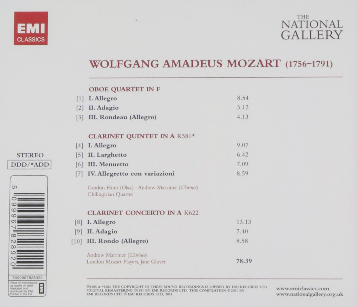 Mozart: Clarinet Concerto, Clarinet Quintet & Oboe Quartet - ANDREW MARRINER / JANE GLOVER / LONDON MOZART PLAYERS