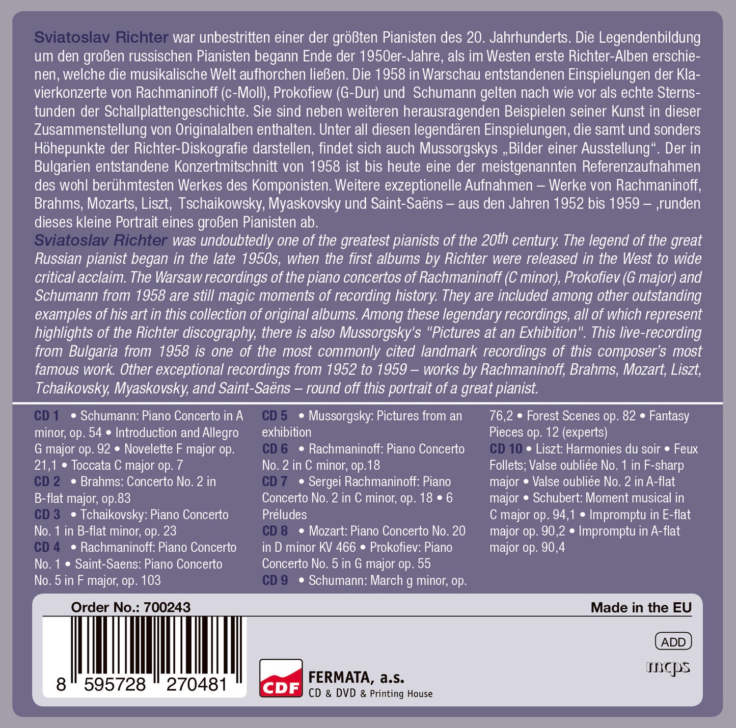 SVIATOSLAV RICHTER: 10 ORIGINAL ALBUMS - THE 100TH BIRTHDAY EDITION (10 CDS)