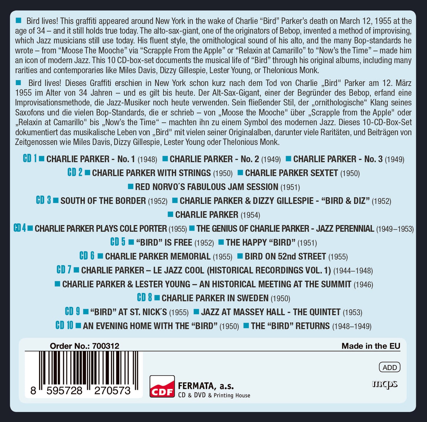 CHARLIE PARKER - 22 Original Albums - Milestones of a Legend (10 CDS)