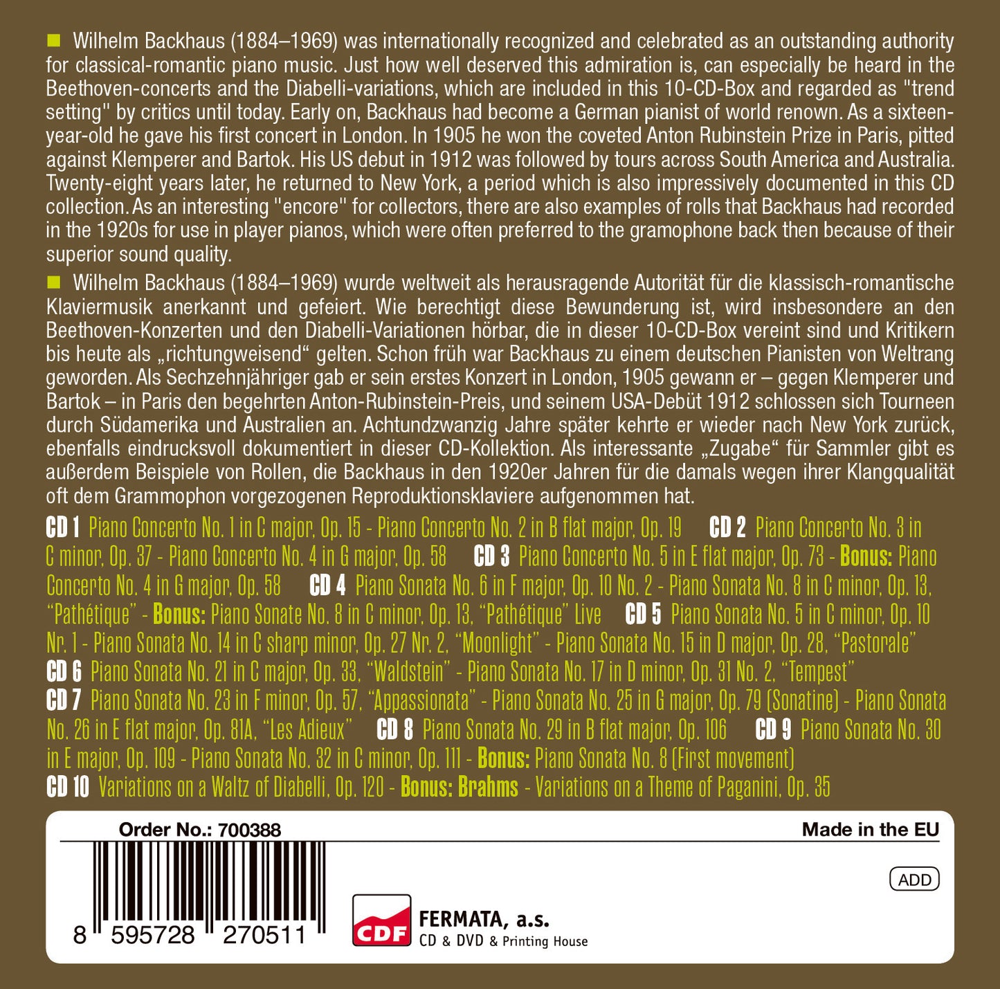 BEETHOVEN: SONATAS & VARIATIONS - WILLIAM BACKHAUS (10 CDS)