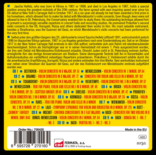 JASCHA HEIFETZ: MILESTONES OF A VIOLIN LEGEND - VIOLIN CONCERTOS AND CHAMBER MUSIC (10 CDS)