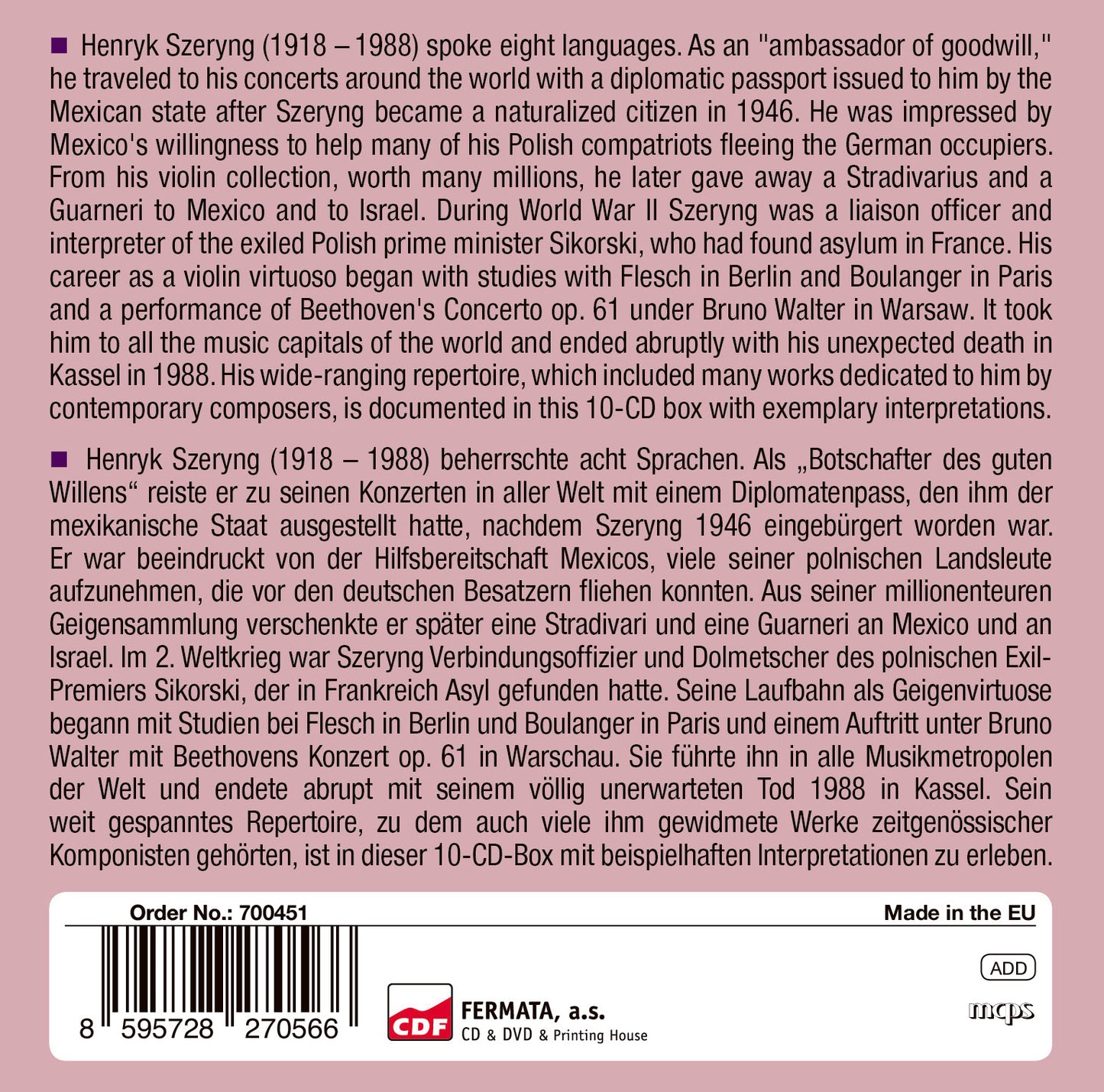 HENRIK SZERYNG: MILESTONES OF A VIOLIN LEGEND (10 CDS)