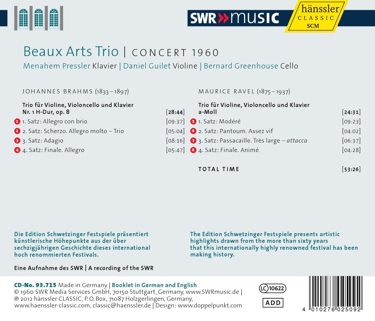 BRAHMS & RAVEL: Trio Recital 1960 - Beaux Arts Trio