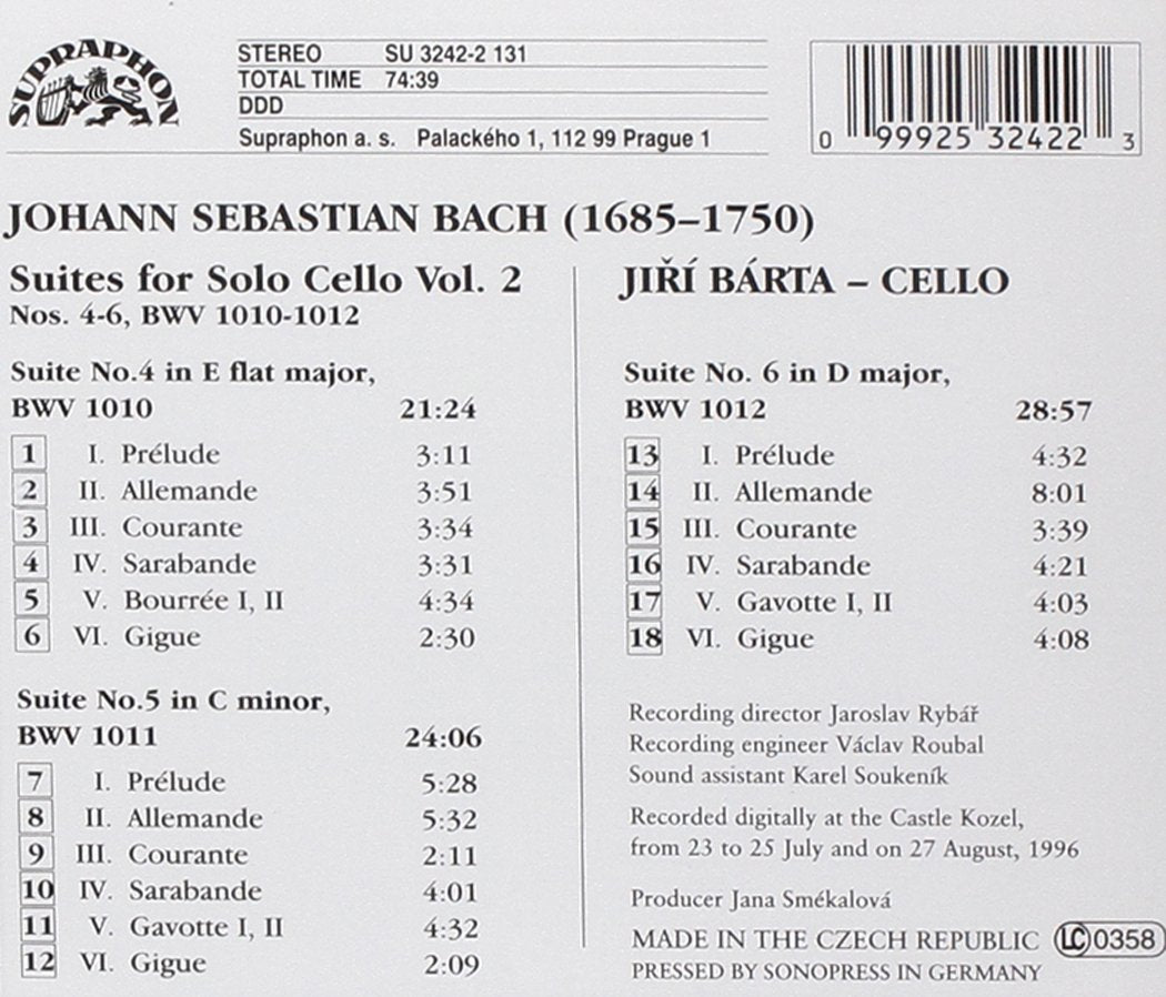 BACH: Cello Suites Nos 4-6 BWV 1010-1012 (Vol. 2) - Jiri Barta