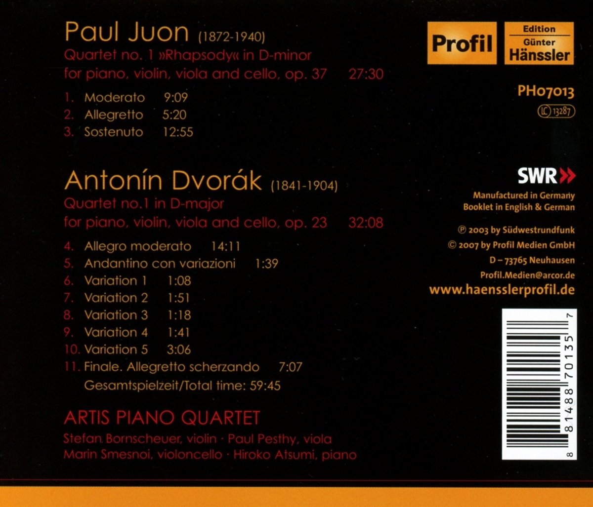 Dvorak: Piano Quartet No. 1; Juon: Piano Quartet - Artis Piano Quartet