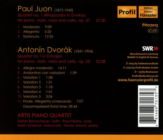 Dvorak: Piano Quartet No. 1; Juon: Piano Quartet - Artis Piano Quartet