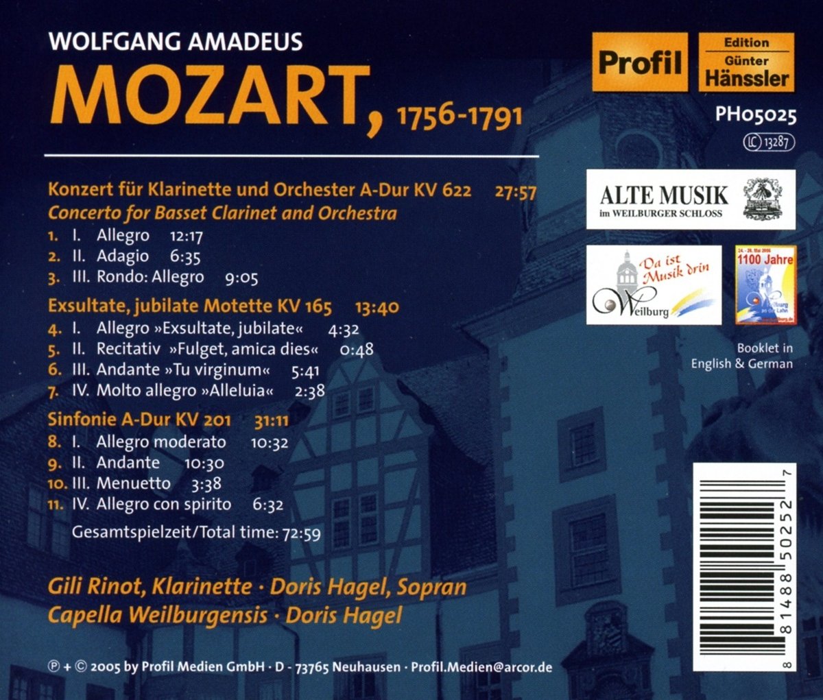 Mozart: Clarinet Concerto, Symph. K 201, Exultate Jubilate - Rinot, Hagel, Capella Weilburgensis / Hagel