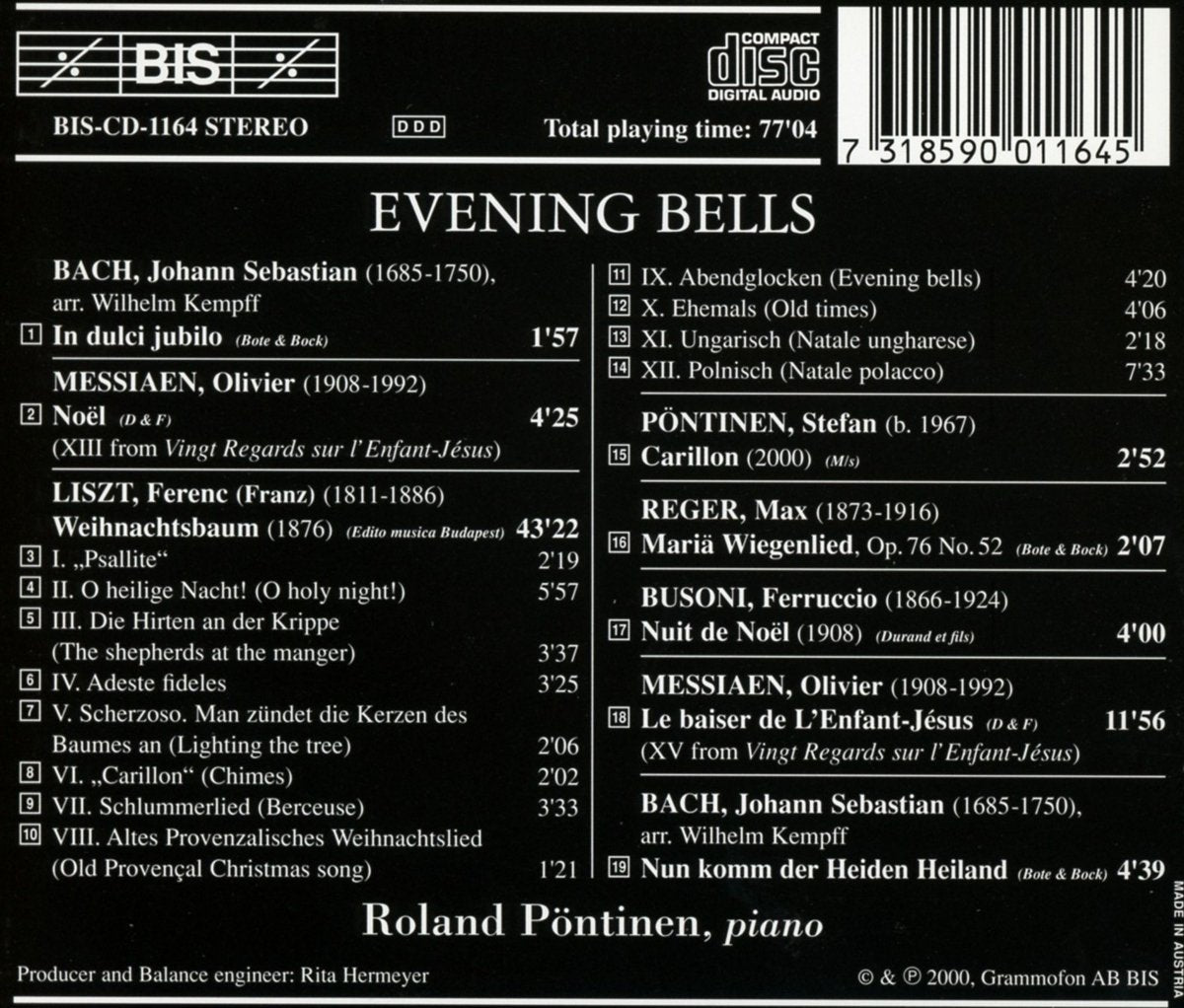 EVENING BELLS (Christmas Works by Johann Sebastian Bach, Ferruccio Busoni, Franz Liszt, Olivier Messiaen, Stefan Pöntinen, Max Reger) - Roland Pöntinen