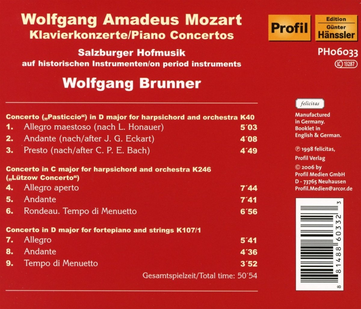 Mozart: Piano Concertos K.40, K.246, K.107 - Salzburger Hofmusik, Brunner