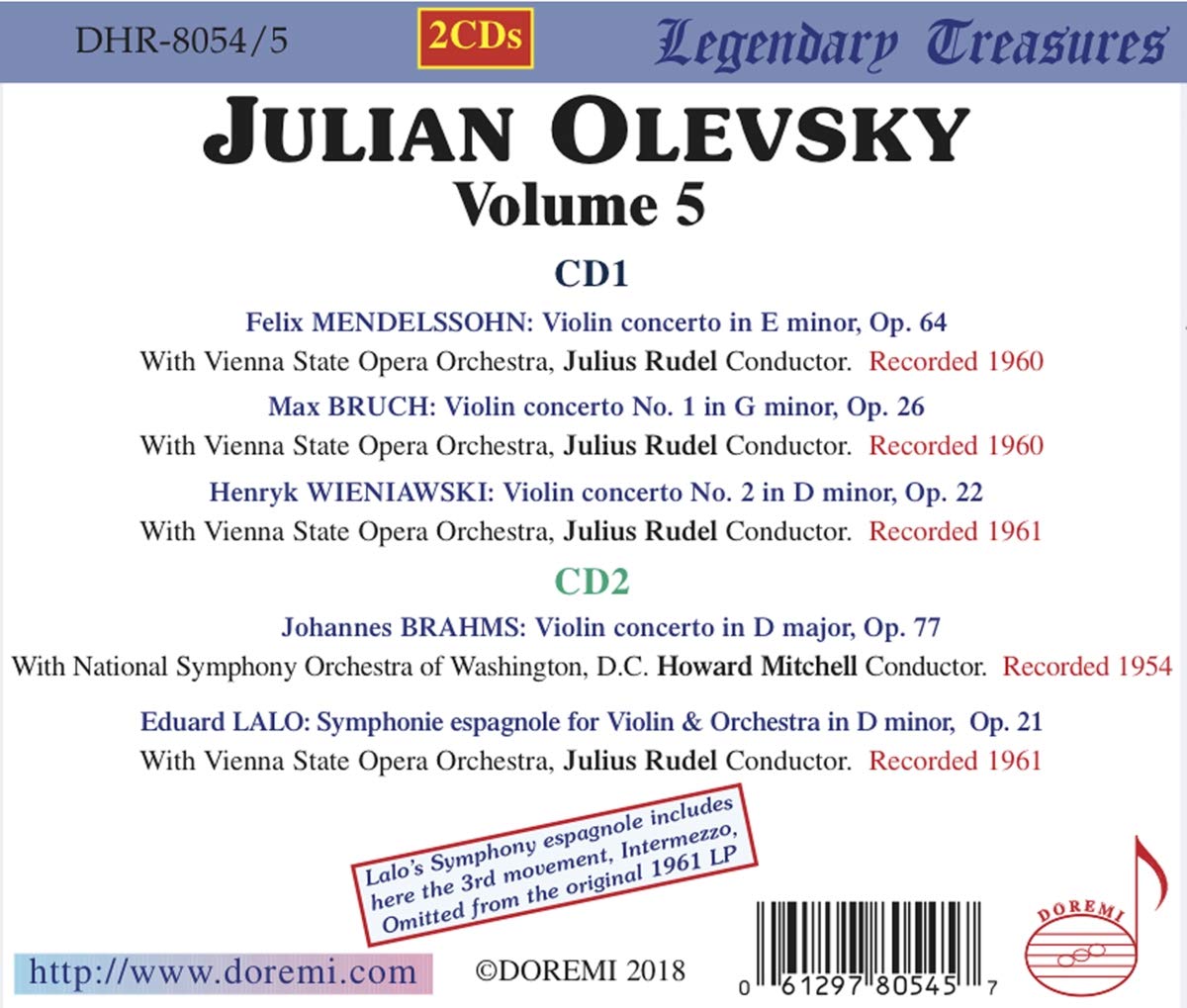 JULIAN OLEVSKY COLLECTION, Vol. 5 - Violin Concertos of Brahms, Mendelssohn, Bruch, Lalo, Wieniawski (2 CDs)