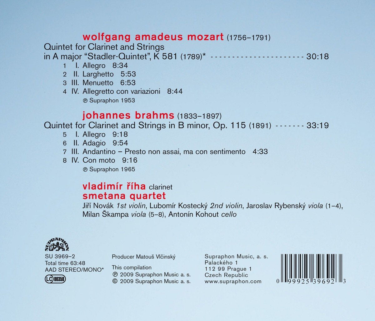 MOZART & BRAHMS: Clarinet Quintets - Vladimir Riha; Smetana Quartet