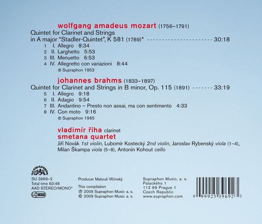 MOZART & BRAHMS: Clarinet Quintets - Vladimir Riha; Smetana Quartet