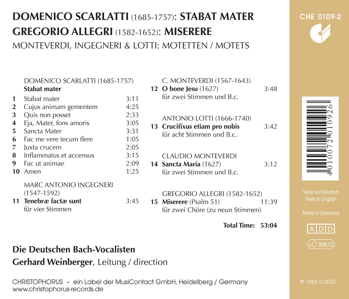 SCARLATTI: STABAT MATER; ALLEGRI: MISERERE - GERMAN BACH VOCALISTS