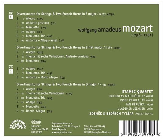 MOZART: Divertimenti for String Quartet and Two Horns (K. 247, 287 & 334) - Stamic Quartet, Zdenek & Bedrich Tylsar (2 CDs)