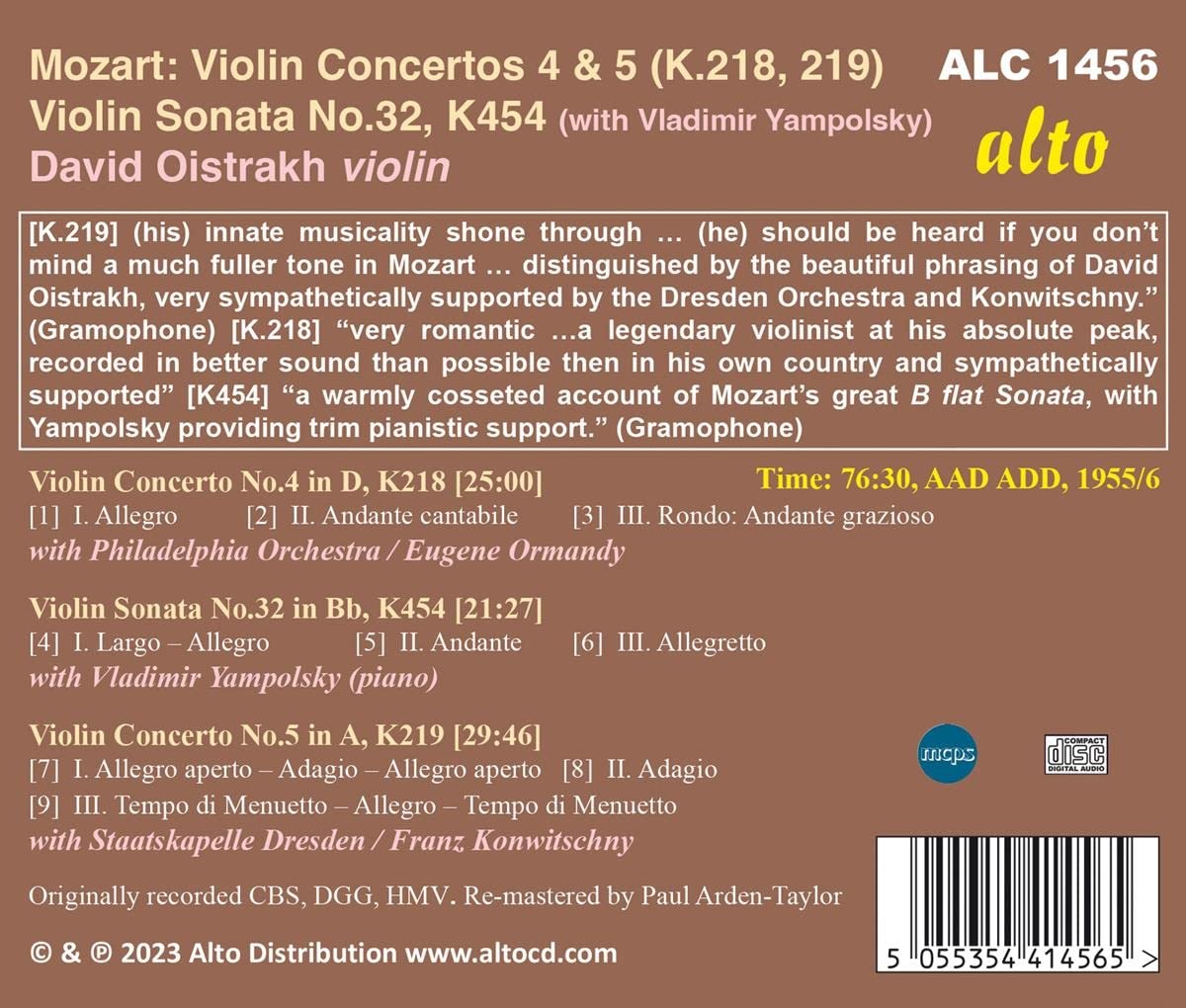 MOZART: Violin Concertos 4 & 5, Violin Sonata No. 32, K. 454 - David Oistrakh, Philadelphia Orchestra, Eugene Ormandy, Staatskapelle Dresden, Franz Konwitschny (CD + FREE MP3)