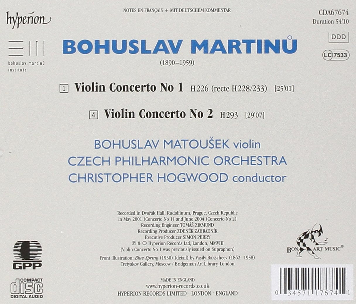 MARTINU: MUSIC FOR VIOLIN & ORCHESTRA 4 - MATOUSEK / CPO / HOGWOOD