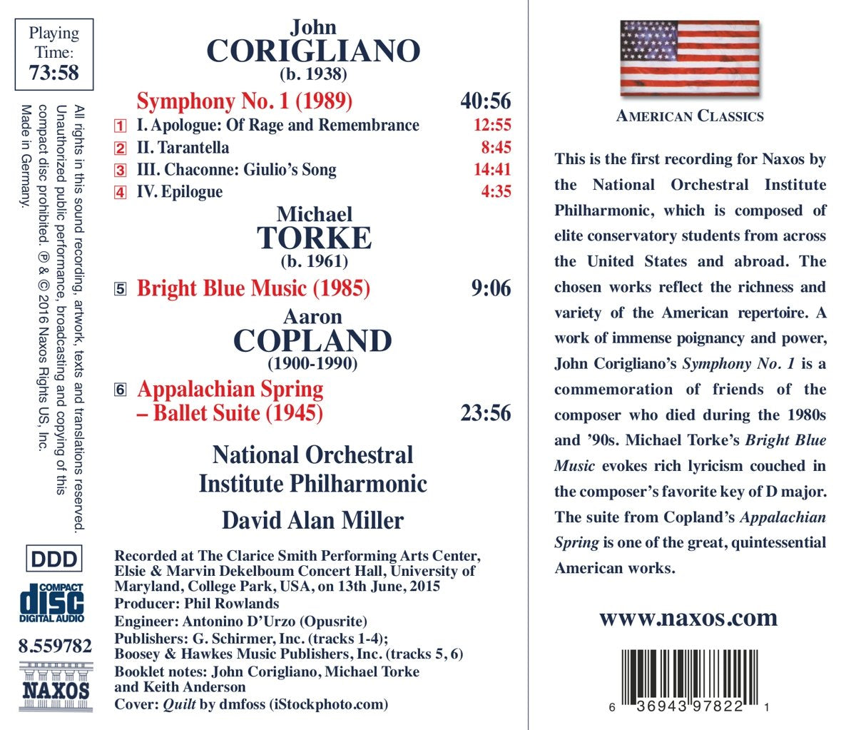 Corigliano: Symphony No. 1; Torke: Bright Blue Music; Copland: Appalachian Spring (Suite) - National Orchestral Institute Philharmonic, David Alan Miller