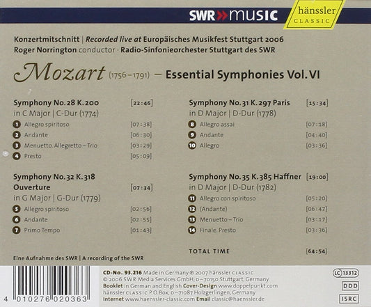 MOZART: Essential Symphonies Vol. 6 (28, 31, 32 & 35) - Roger Norrington, Radio-Sinfonieorchester Stuttgart