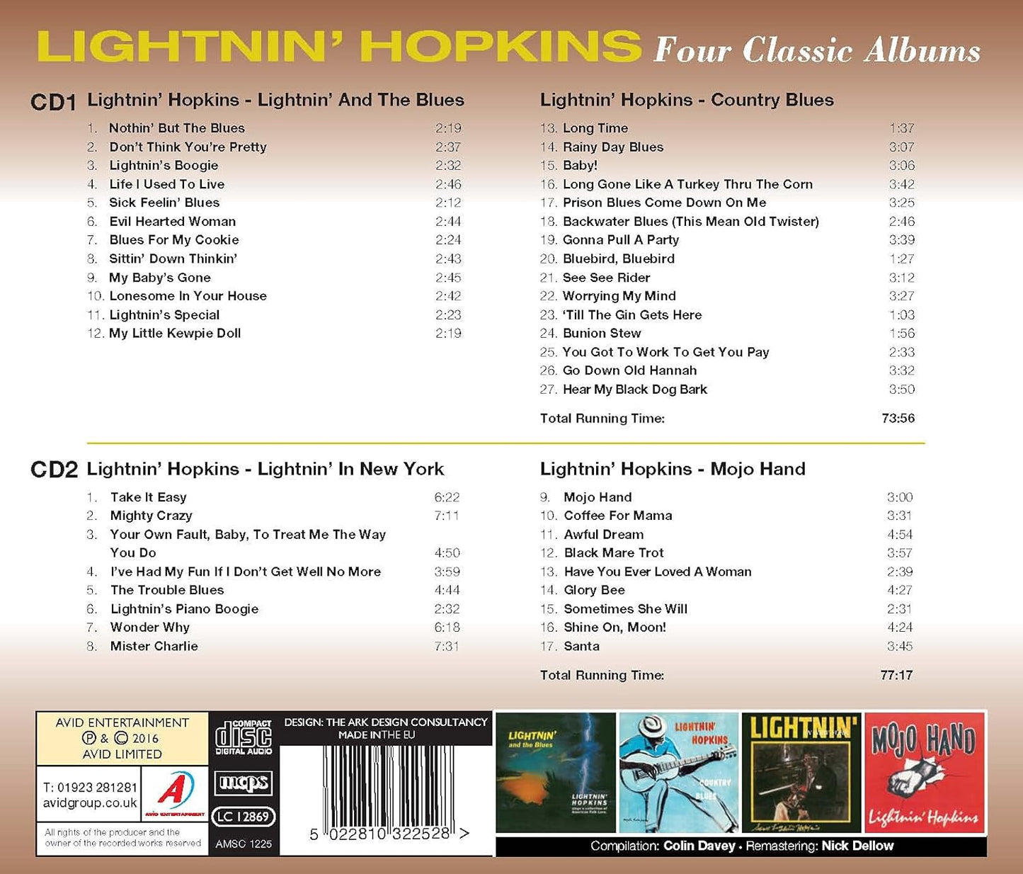LIGHTNIN' HOPKINS: Four Classic Albums(LIGHTNIN’ AND THE BLUES / COUNTRY BLUES / LIGHTNIN’ IN NEW YORK / MOJO HAND) (2 CDS)