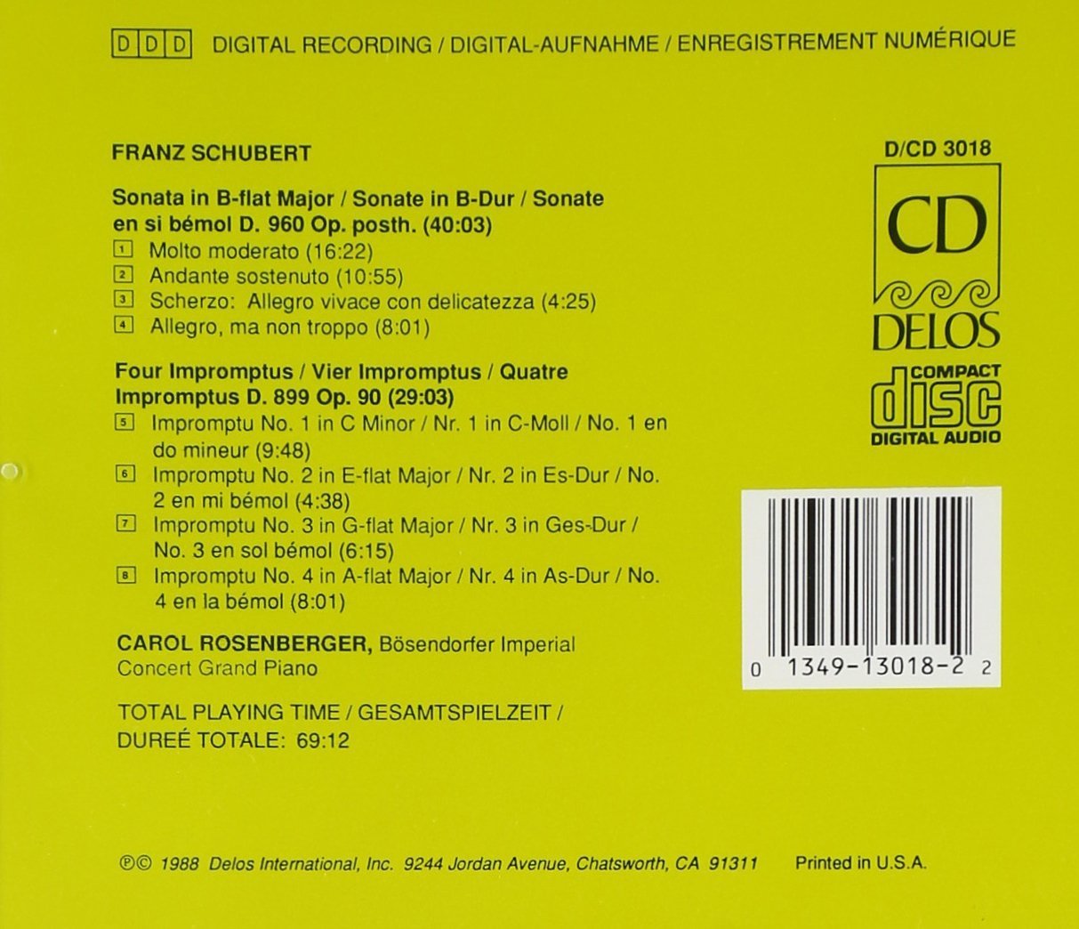 SCHUBERT: Sonata in B-Flat; Impromptus - Carol Rosenberger