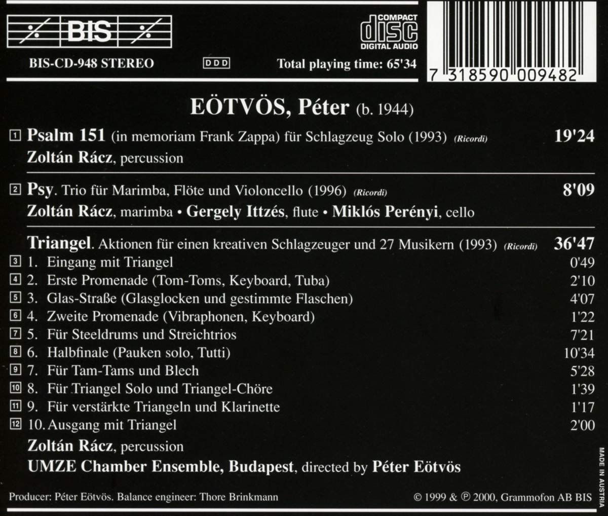 EOTVOS: Psalm 151; Psy; Triangel - Budapest UMZE Chamber Ensemble, Gergely Ittzés, Miklós Perényi, Zoltán Rácz