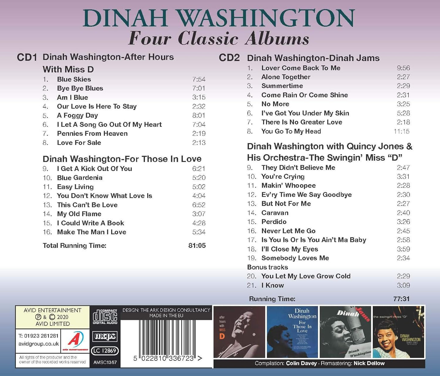 DINAH WASHINGTON - Four Classic Albums (After Hours With Miss D / For Those In Love / Dinah Jams / The Swingin’ Miss D) (2CD)