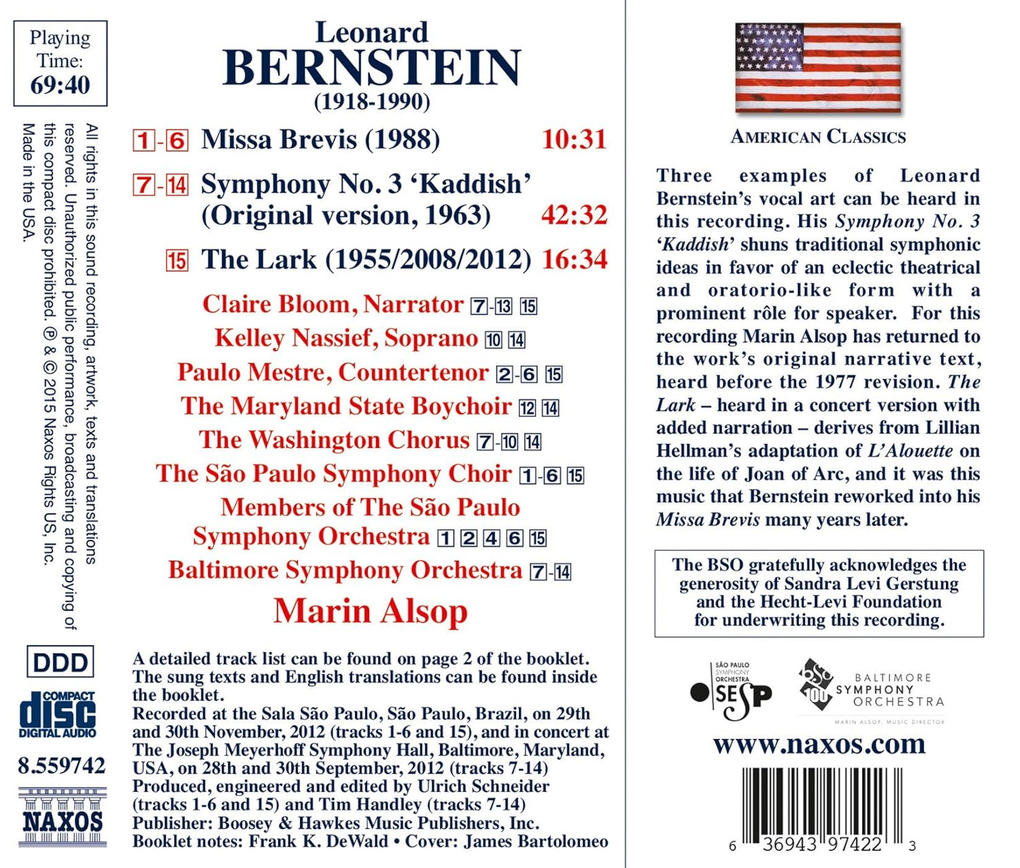 Bernstein: Symphony No. 3 "Kaddish", Missa Brevis, The Lark - Marin Alsop, Baltimore Symphony, Sao Paulo Symphonic Choir