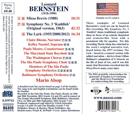 Bernstein: Symphony No. 3 "Kaddish", Missa Brevis, The Lark - Marin Alsop, Baltimore Symphony, Sao Paulo Symphonic Choir