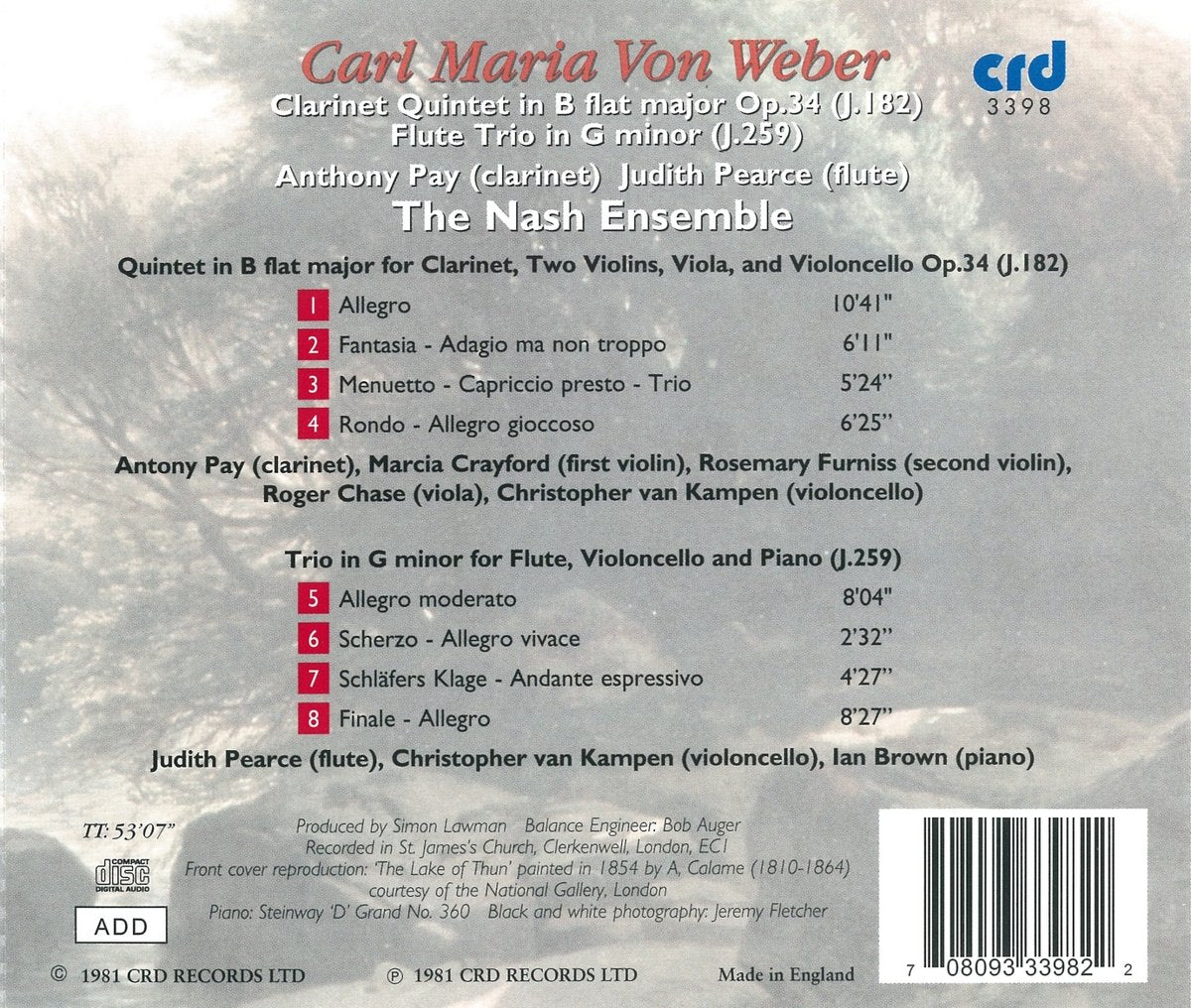 VON WEBER: CLARINET QUINTET IN B FLAT; FLUTE TRIO - NASH ENSEMBLE, ANTHONY PAY, JUDITH PEARCE