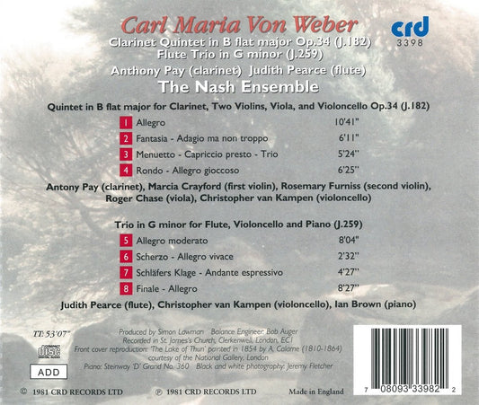 VON WEBER: CLARINET QUINTET IN B FLAT; FLUTE TRIO - NASH ENSEMBLE, ANTHONY PAY, JUDITH PEARCE