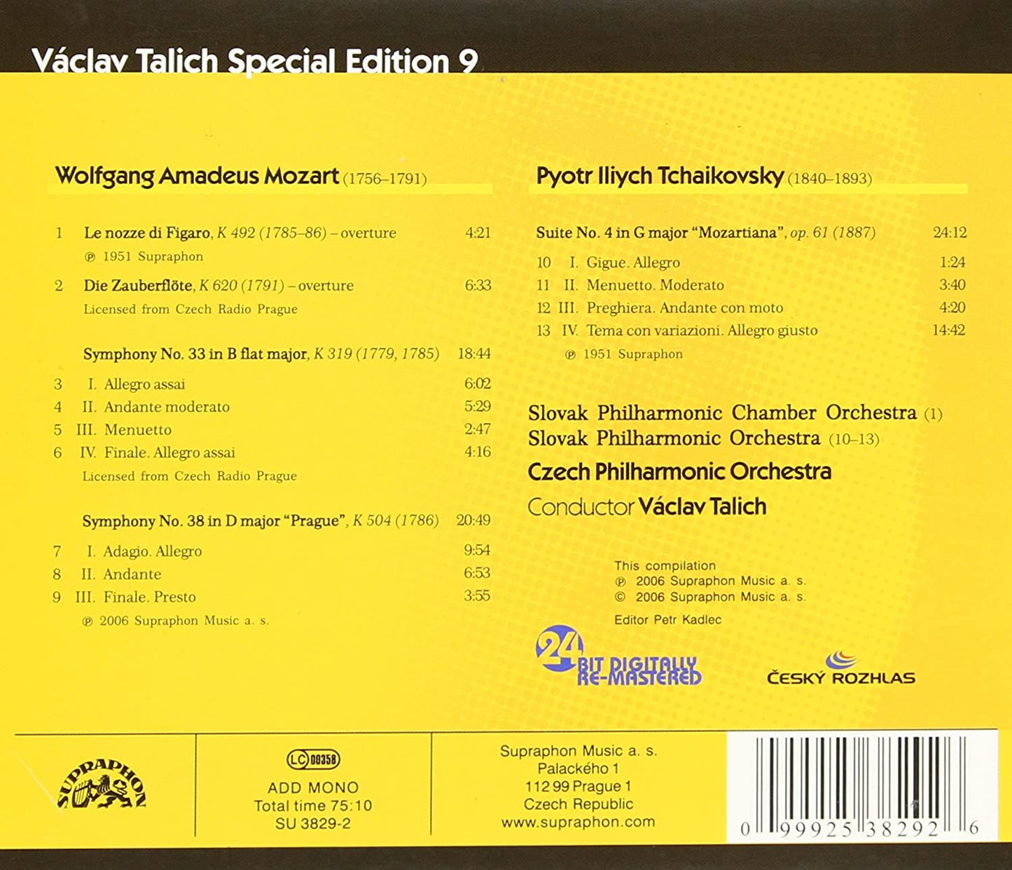 Mozart: Overtures (Le nozze di Figaro, Die Zauberflöte), Symphonies Nos 33 & 38; Tchaikovsky: Suite No. 4 "Mozartiana" (Vaclav Talich Special Edition 9) - Vaclav Talich, Slovak Philharmonic Orchestra; Czech Philharmonic Orchestra