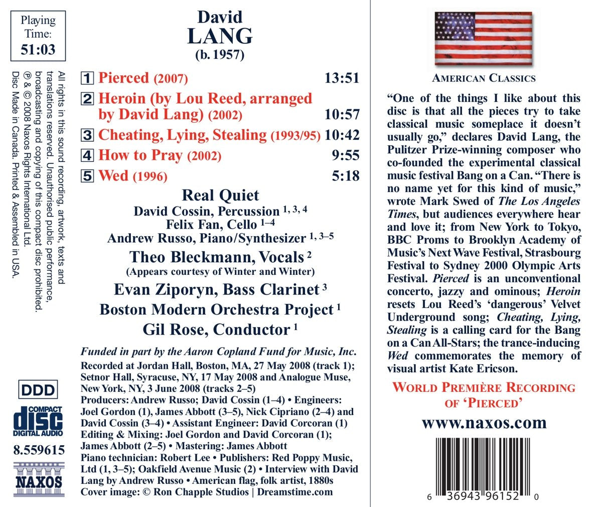 Lang: Pierced / Heroin / Cheating, Lying, Stealing / How to Pray - Real Quiet; Boston Modern Orchestra Project