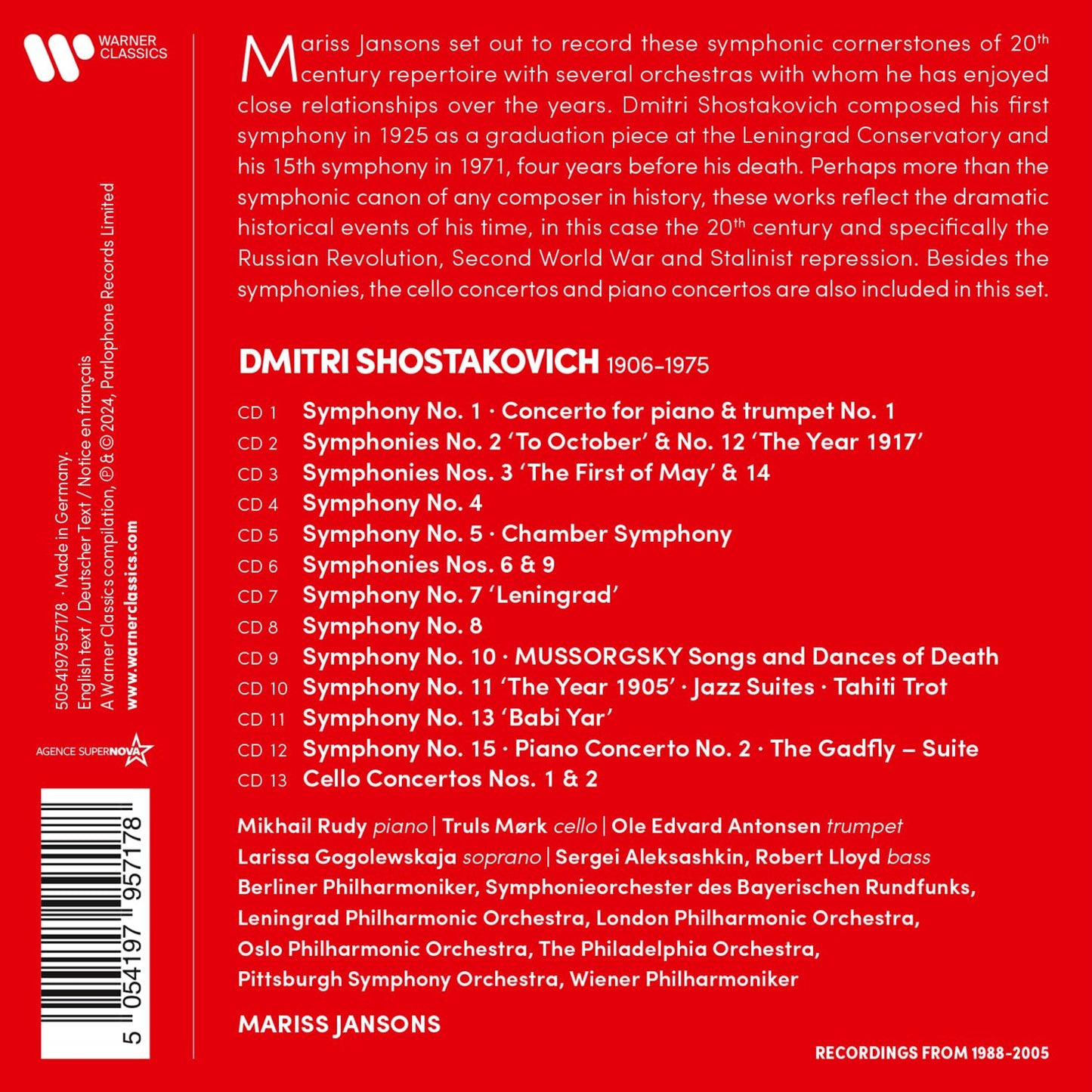 Shostakovich: Complete Symphonies, Cello Concertos & Piano Concertos - Janssons (13 CDs)