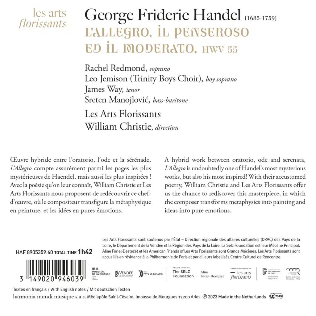 HANDEL: L'Allegro, il Penseroso ed il Moderato - Les Arts Florissants, William Christie (2 CDS)