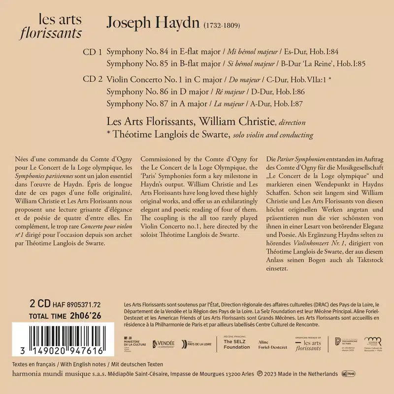 Haydn: "Paris" Symphonies Nos. 84, 85, 86 & 87; Violin Concerto No. 1 - Les Arts Florissants, Théotime Langlois de Swarte, William Christie (2 CDs)