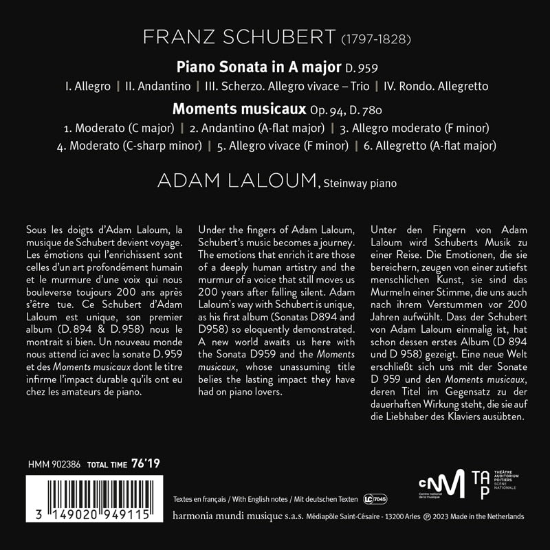 Schubert: Piano Sonata D. 959; Moments musicaux D. 780 - Adam Laloum