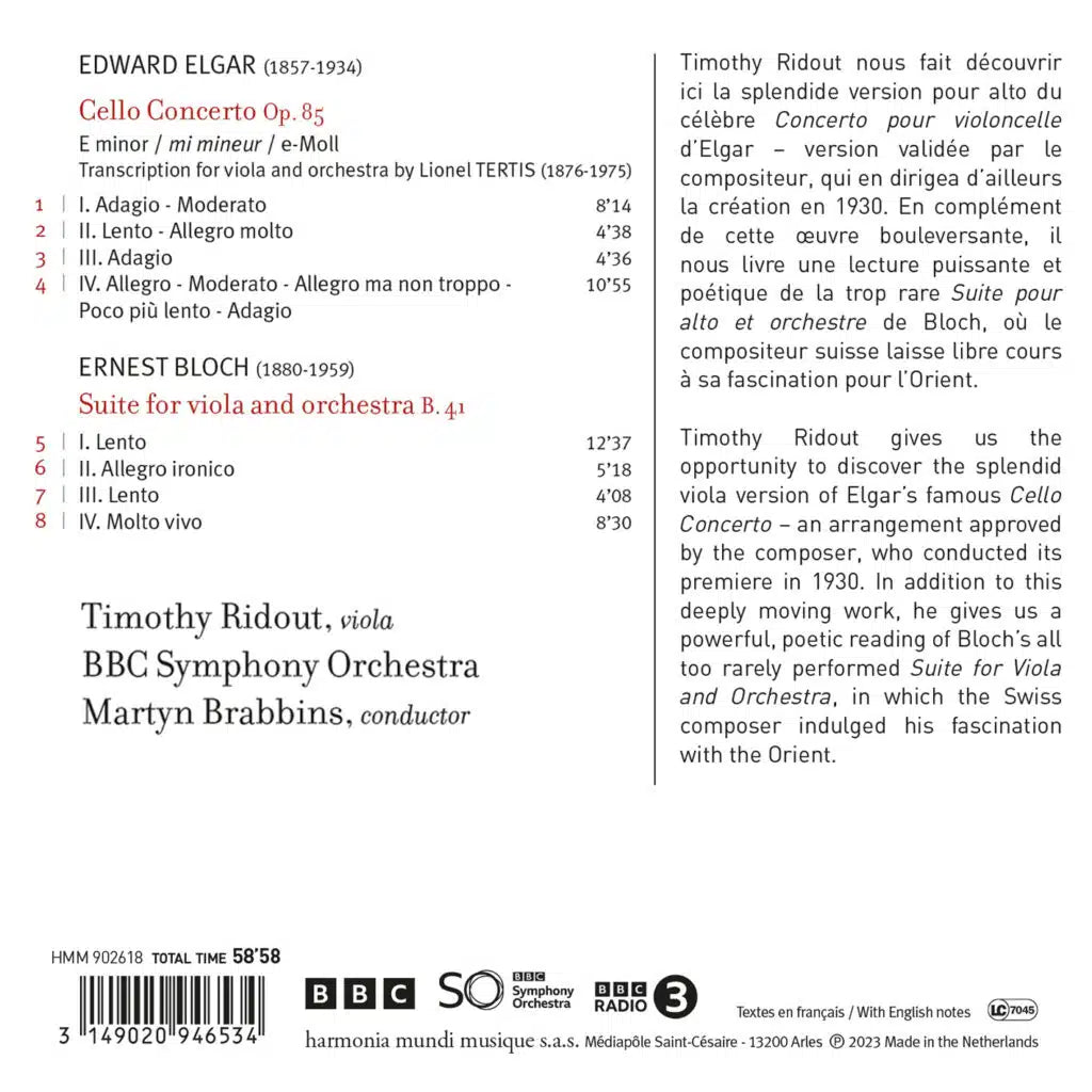 Elgar: Viola Concerto; Bloch: Suite for Viola & Orchestra - Timothy Ridout, BBC Symphony Orchestra, Martyn Brabbins