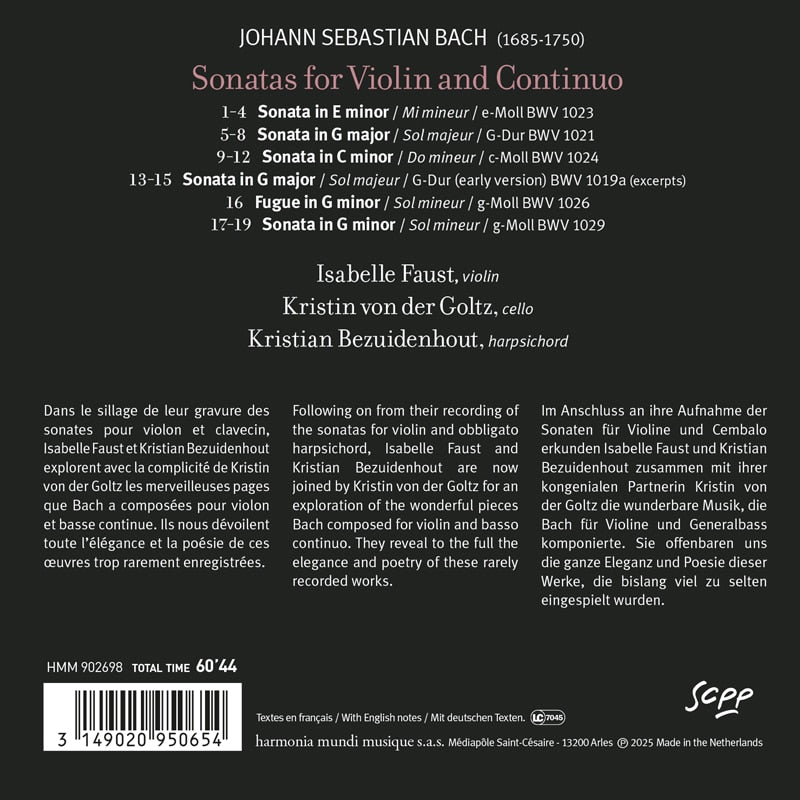 BACH: Sonatas for violin and continuo - Isabelle Faust, Kristian Bezuidenhout, Kristin von der Goltz