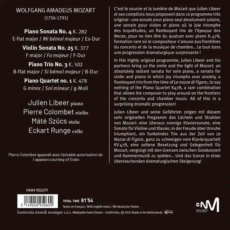 MOZART: "Mozart 1, 2, 3, 4". Solo, duo, trio, quartet - Julien Libeer, Pierre Colombet, Eckart Runge, Máté Szücs