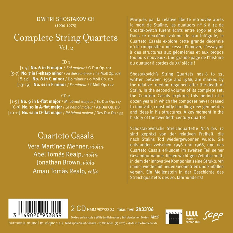 Shostakovich: Complete String Quartets, Vol. 2 (Nos. 6-12) - Cuarteto Casals (2 CDs)