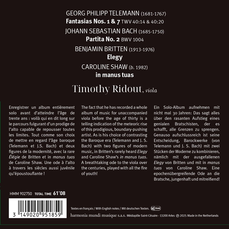 Timothy Ridout: "Solo". Works and transcriptions for solo viola by Telemann, J.S. Bach, Britten and Shaw (3 CDs)
