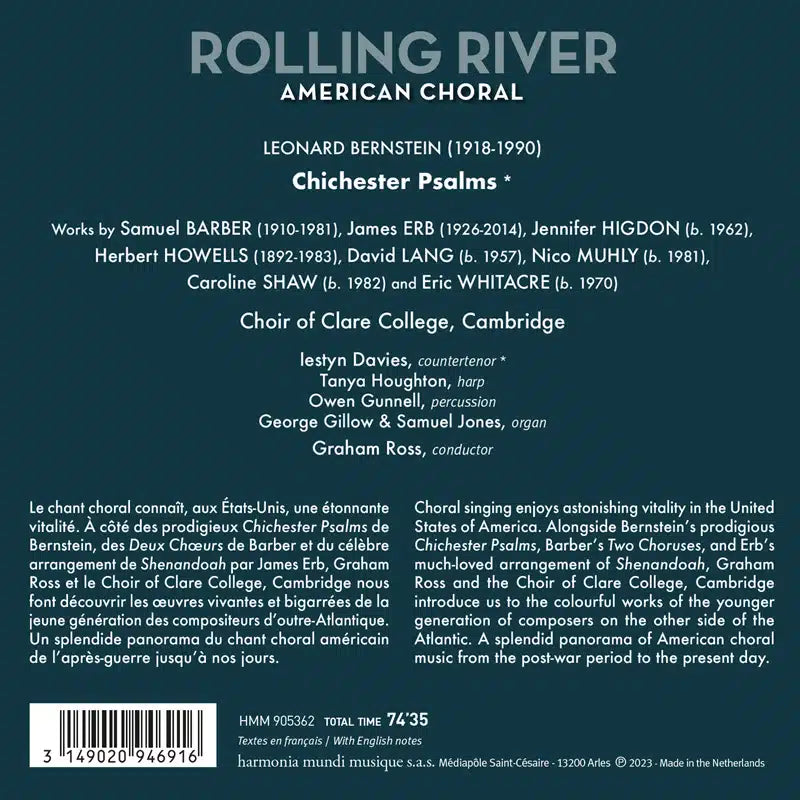 Rolling River - American Choral: Barber, Bernstein, Muhly, etc. Choir of Clare College, Cambridge, Iestyn Davies, Graham Ross