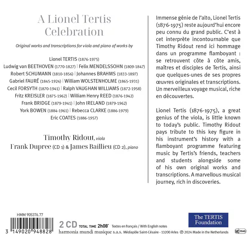 A Lionel Tertis Celebration: Works and transcriptions for viola and piano - Timothy Ridout, Frank Dupree, James Baillieu