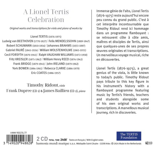 A Lionel Tertis Celebration: Works and transcriptions for viola and piano - Timothy Ridout, Frank Dupree, James Baillieu