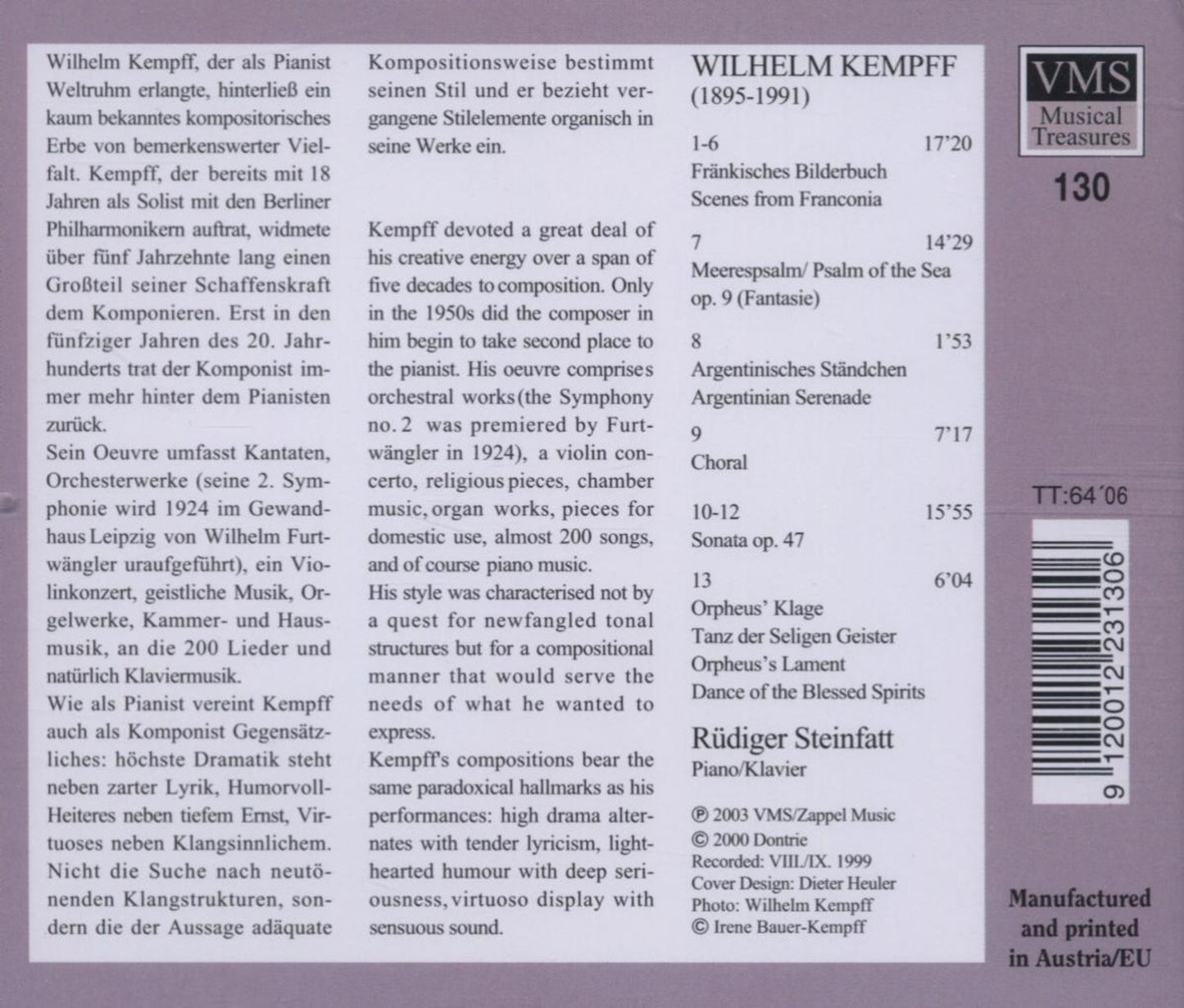 KEMPFF, Wilhelm: Works for Piano - Rüdiger Steinfatt