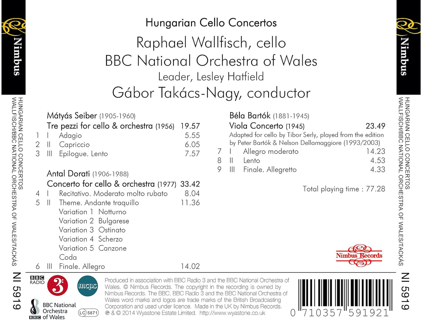 Bartok: Viola Concerto; Seiber: Three Pieces for Cello and Orchestra; Dorati: Cello Concerto - Raphael Wallfisch, BBC National Orchestra