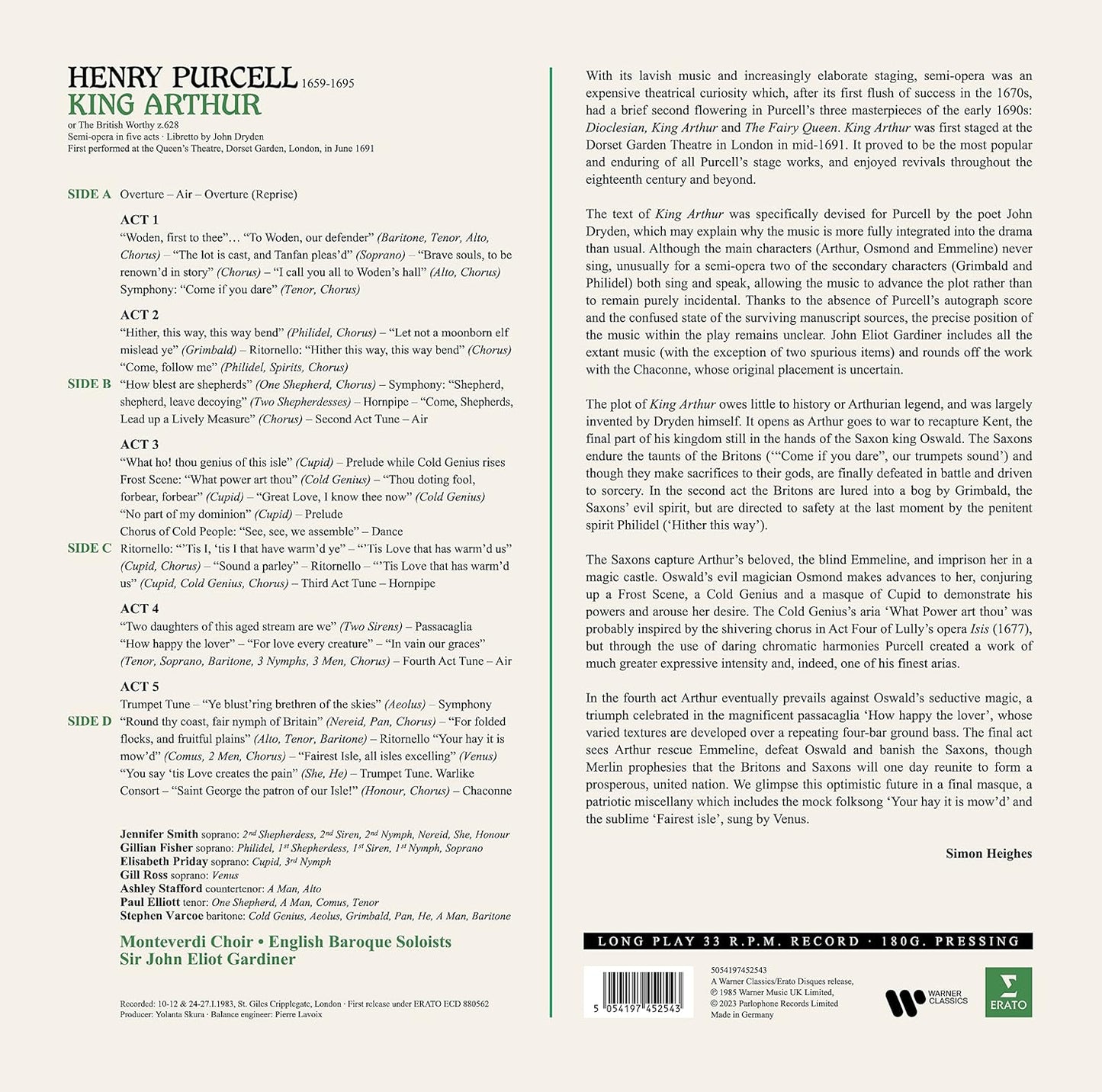 PURCELL: KING ARTHUR - JOHN ELIOT GARDINER, ENGLISH BAROQUE SOLISTS, MONTEVERDI CHOIR (2 LP)
