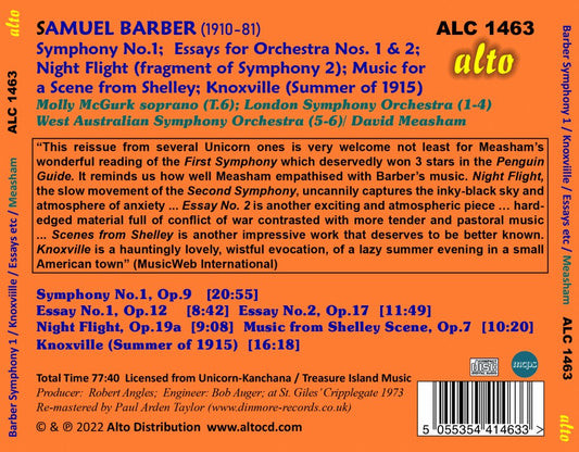 BARBER: Knoxville (Summer of 1915), Symphony No. 1, Essays for Orchestra 1 & 2, Music for a Scene by Shelley - Meachem (PDF BOOKLET)